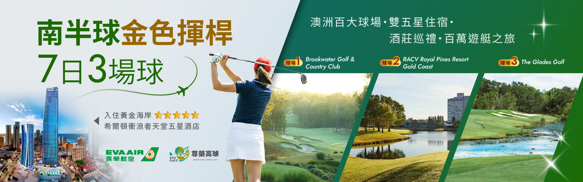南半球金色揮桿・7 日 3 場球  首發折 5,000 元 澳洲百大球場・五星住宿・酒莊巡禮・遊艇之旅・卡農格農場體驗 售價：104,900 元起